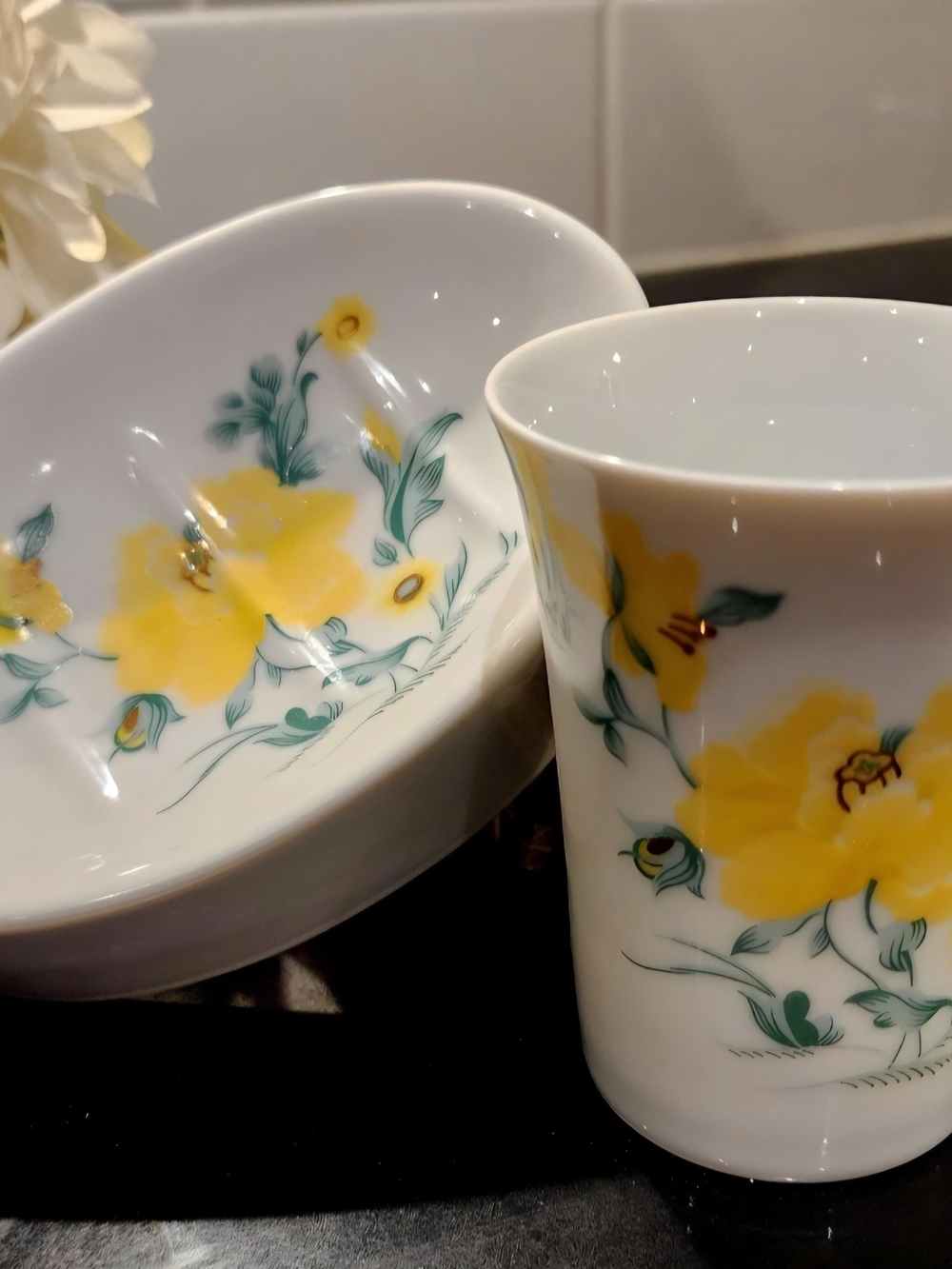 Vintage 1950s Floral Porcelain Vanity Set – Mid-Century Japan Bathroom Decor